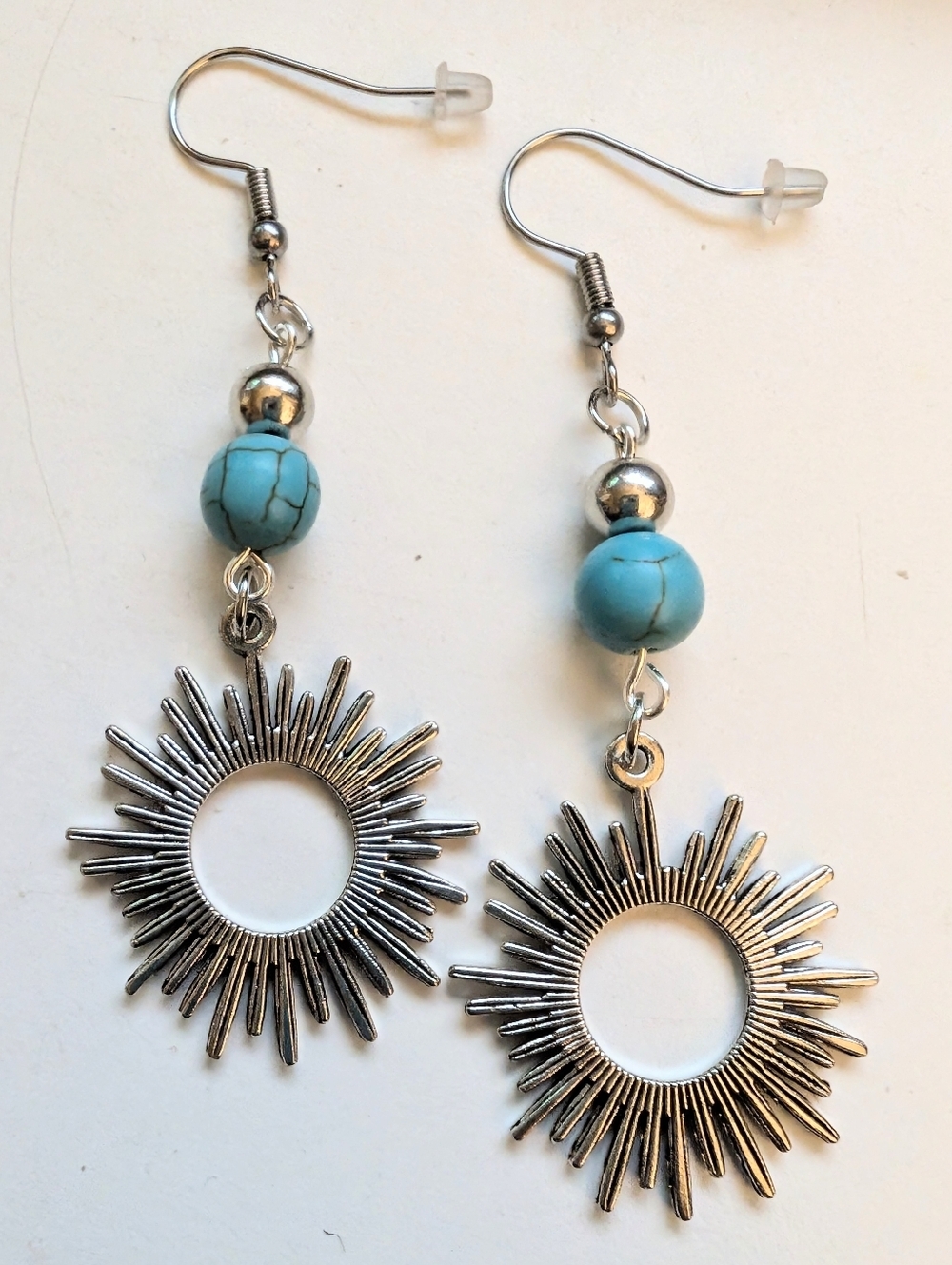 Handmade Beaded Turquoise Silver Boho Celestial Sunburst Earrings